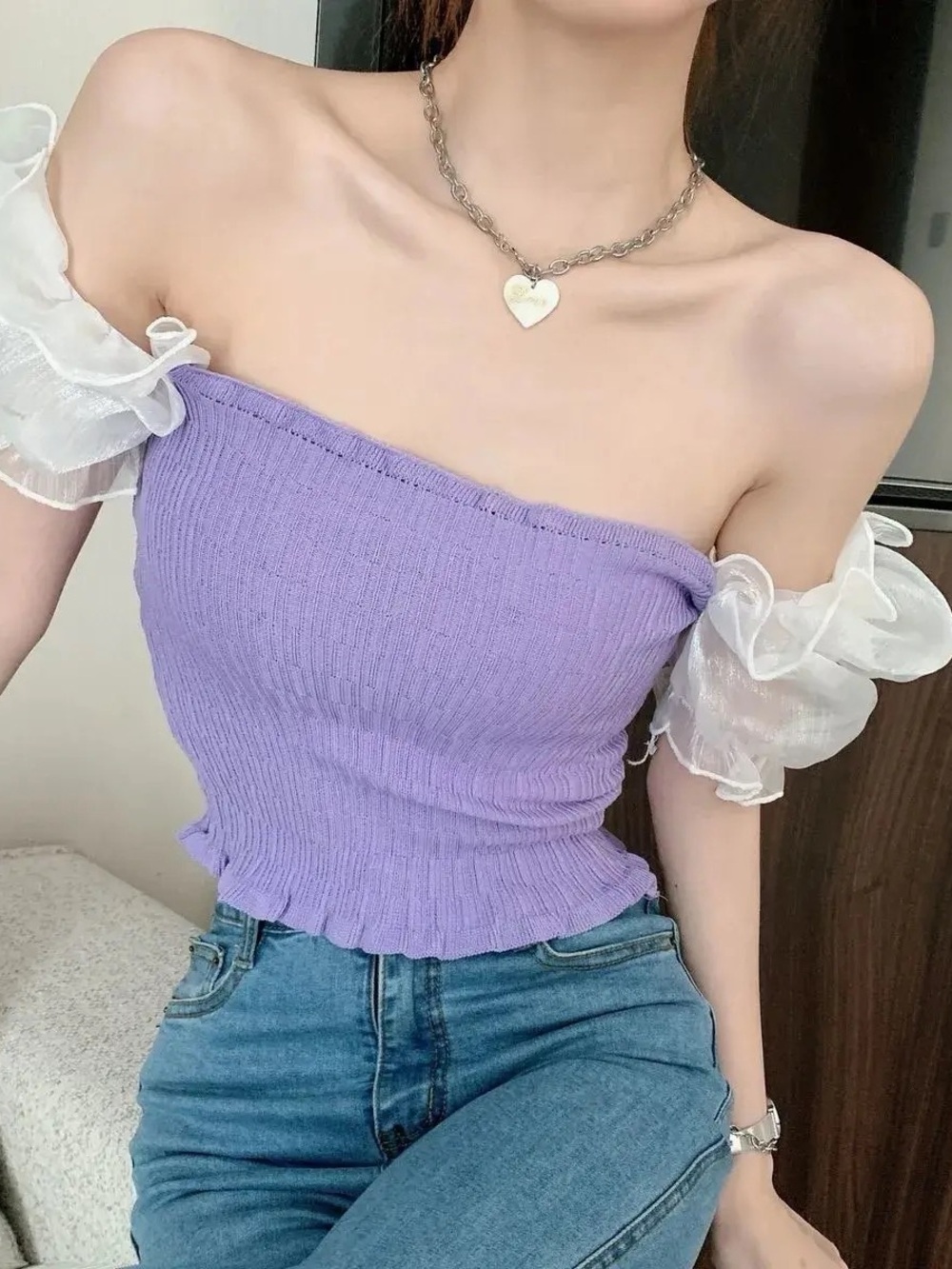Purple Off The Shoulder Top Sheer White Ruffle Short Sleeve Cropped